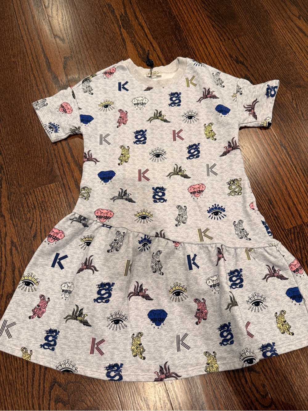 Kenzo Grey Graphic Print Short-Sleeve Drop-Waist Dress